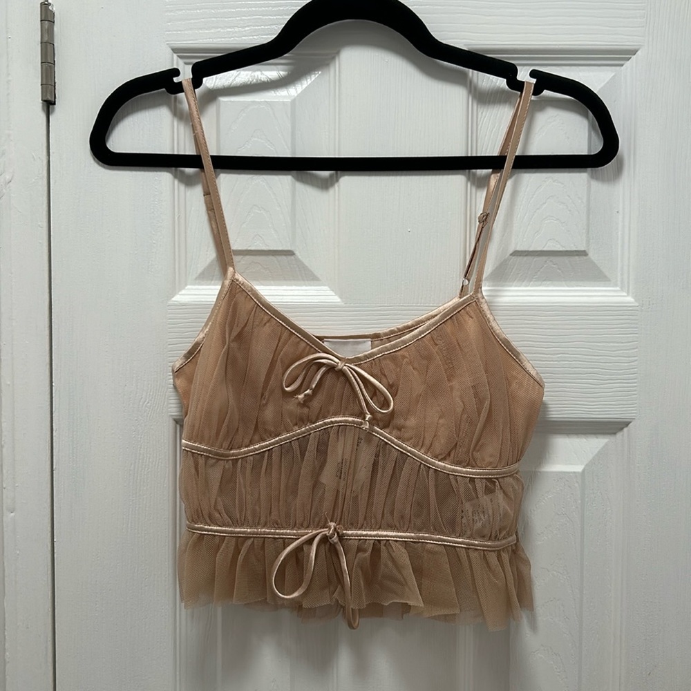Vici Beige Ruched Mesh Cropped Cami Top